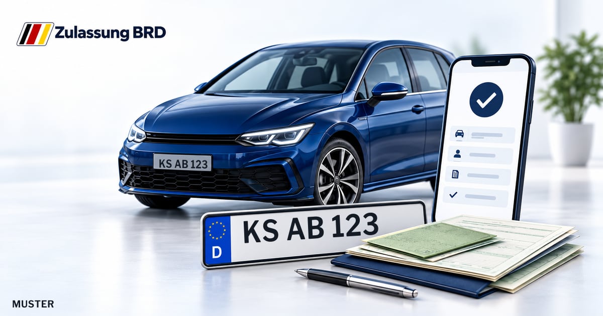 Online Fahrzeugzulassung in Grebenstein: Musterkennzeichen KS AB 123, Auto und Fahrzeugpapiere und Smartphone. Illustration mit Logo von Zulassung BRD.